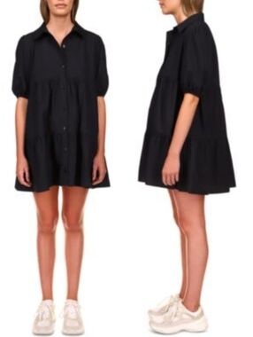 Sanctuary • Black Button-Front Tiered Babydoll Shirt-Dress